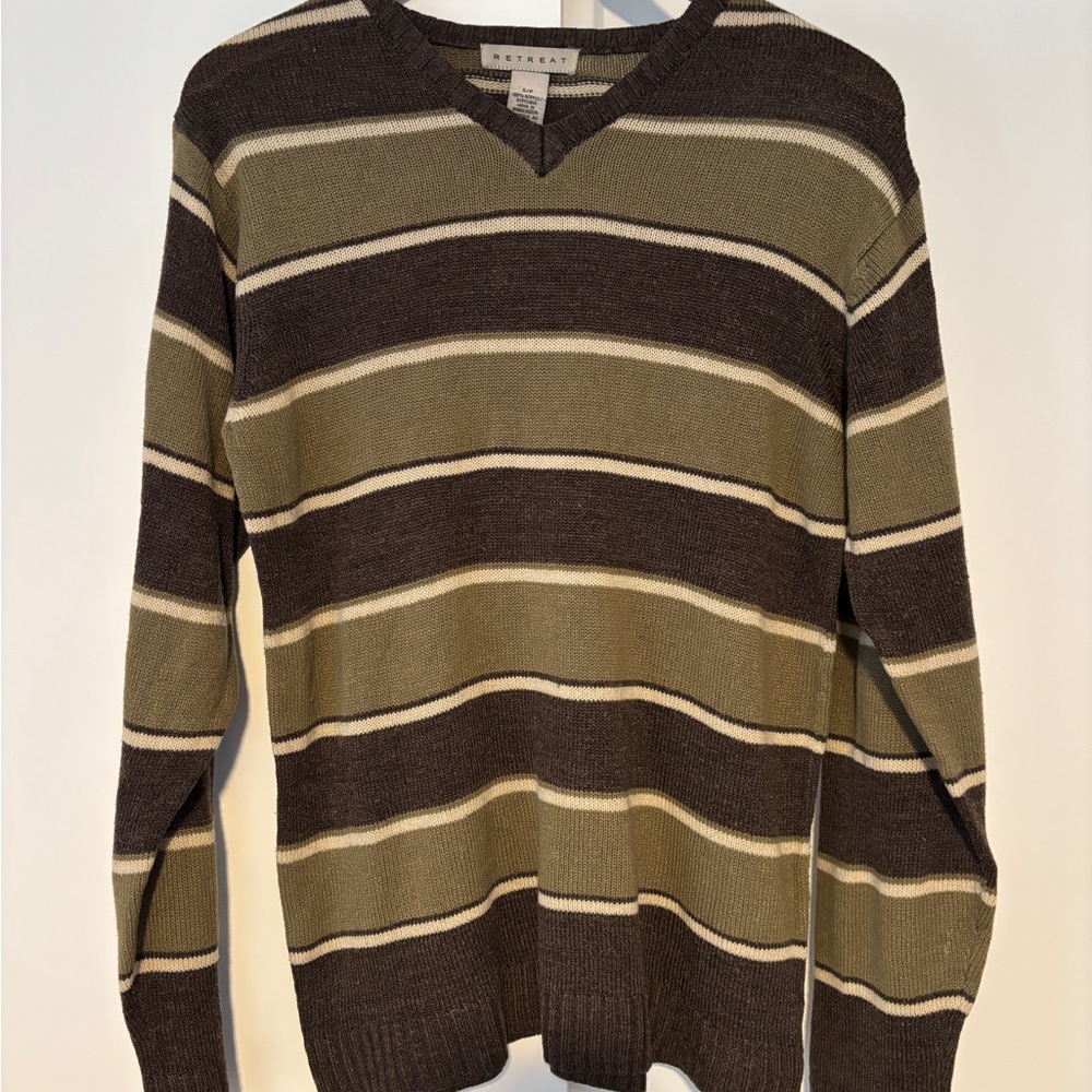 Banana Republic V-Neck Sweater Green and Brown Striped Knit